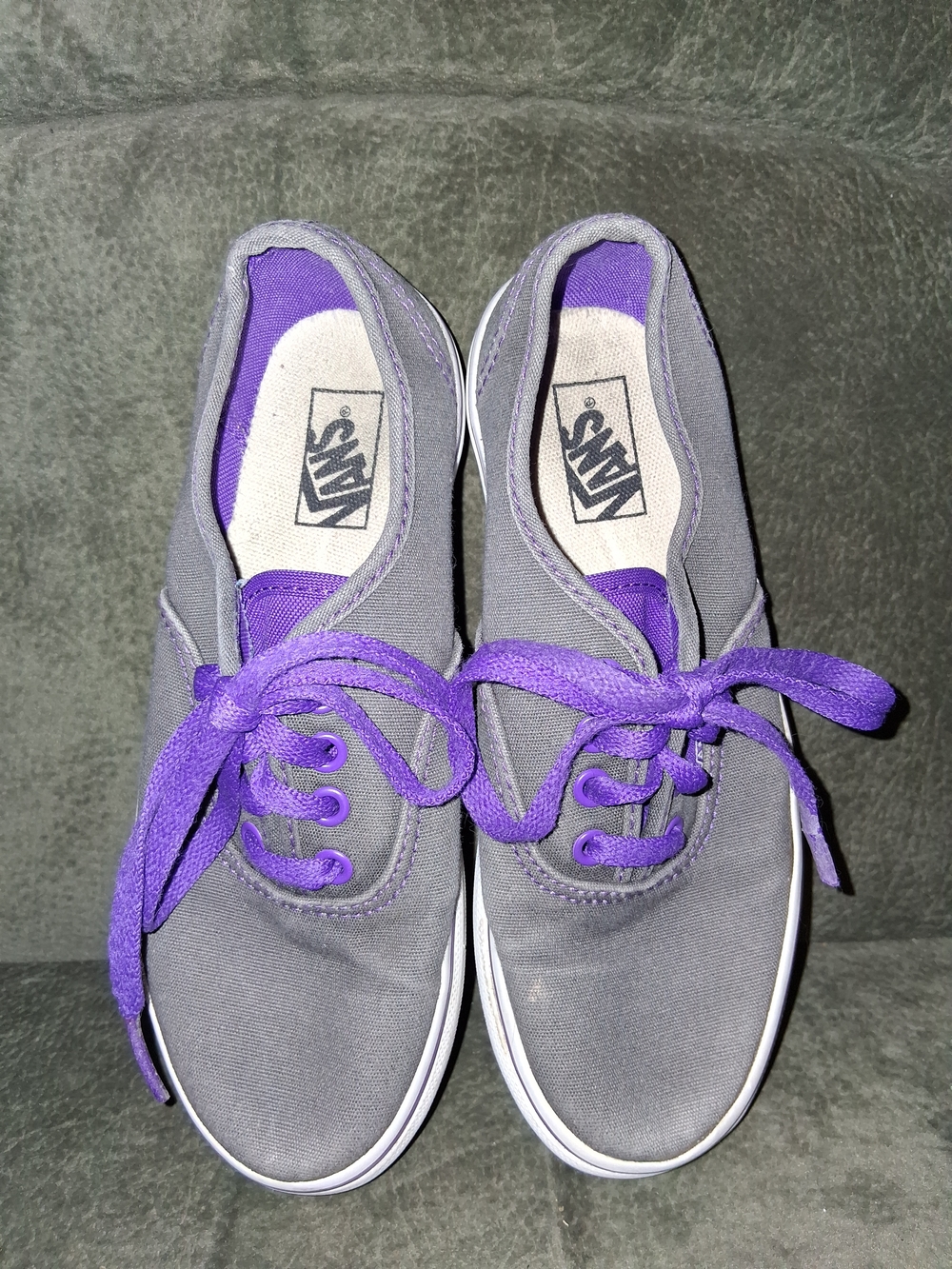 Vans Gray Canvas Sneakers with Purple Laces and Trim (Kids)